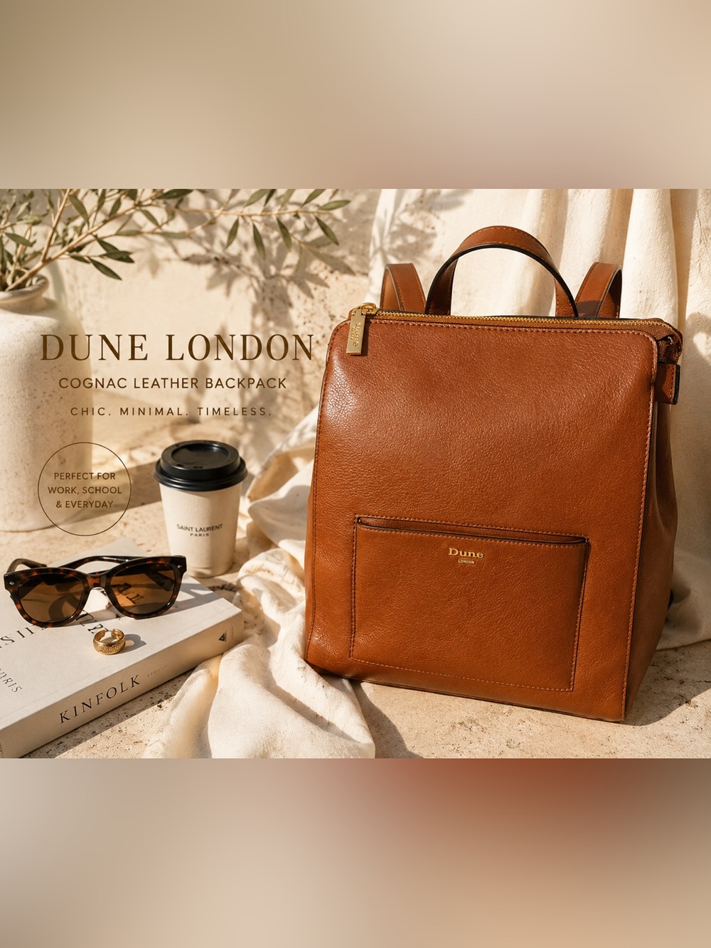 Dune London Cognac Brown Leather Backpack | Chic Work Bag